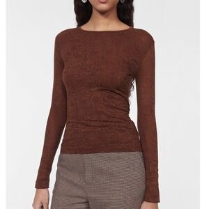 Rodebjer‎ Henna Top Brown Sheer Long Sleeve Abstract Mesh Stretch  Sz M/L